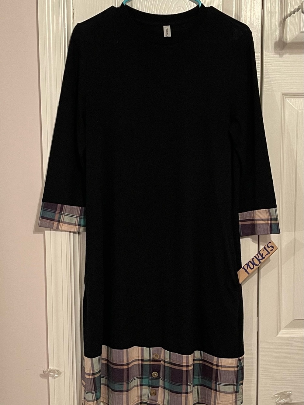 Tickled Teal Black Dress with Plaid Trim